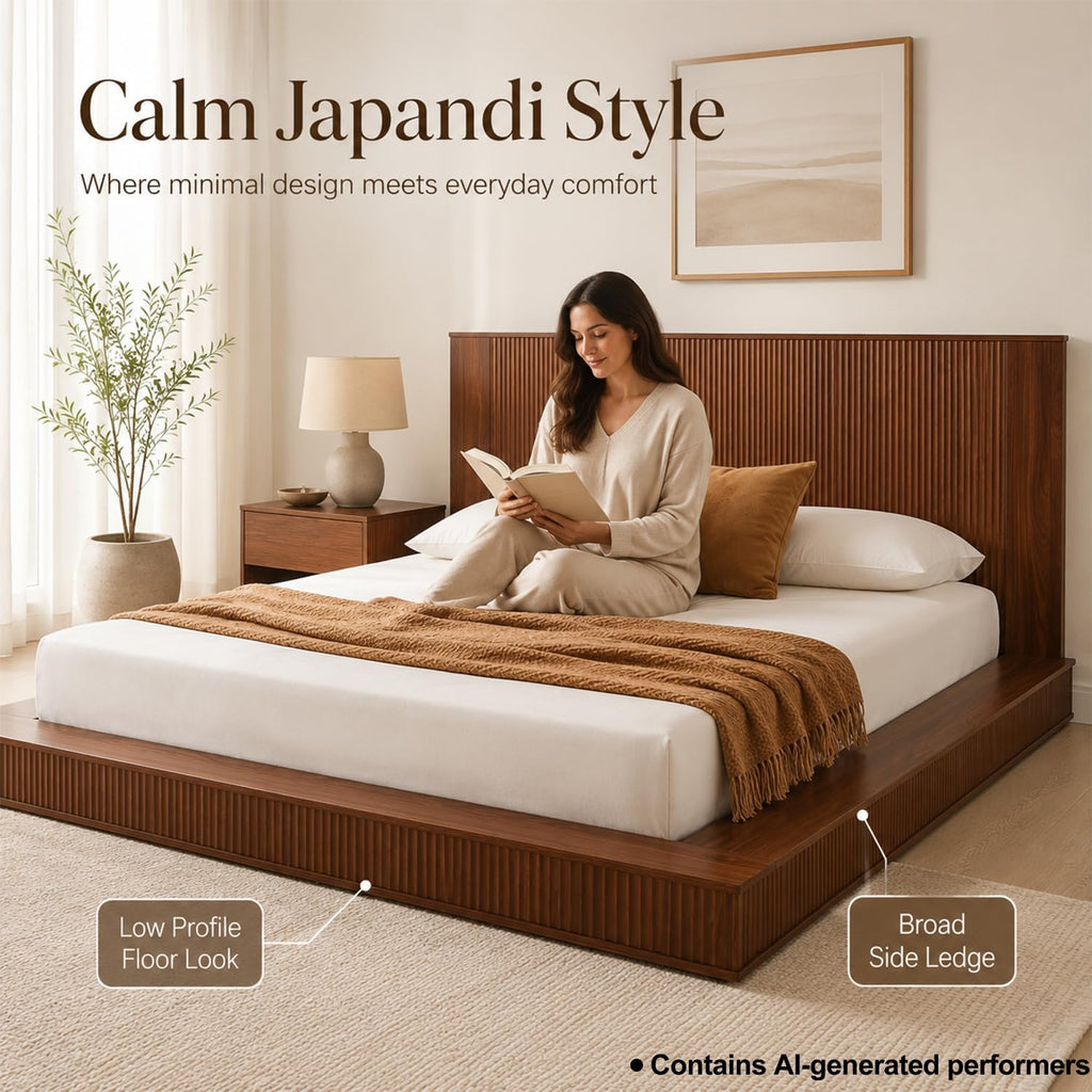 Low Profile Platform Bed Frame with Vertical Fluted Headboard