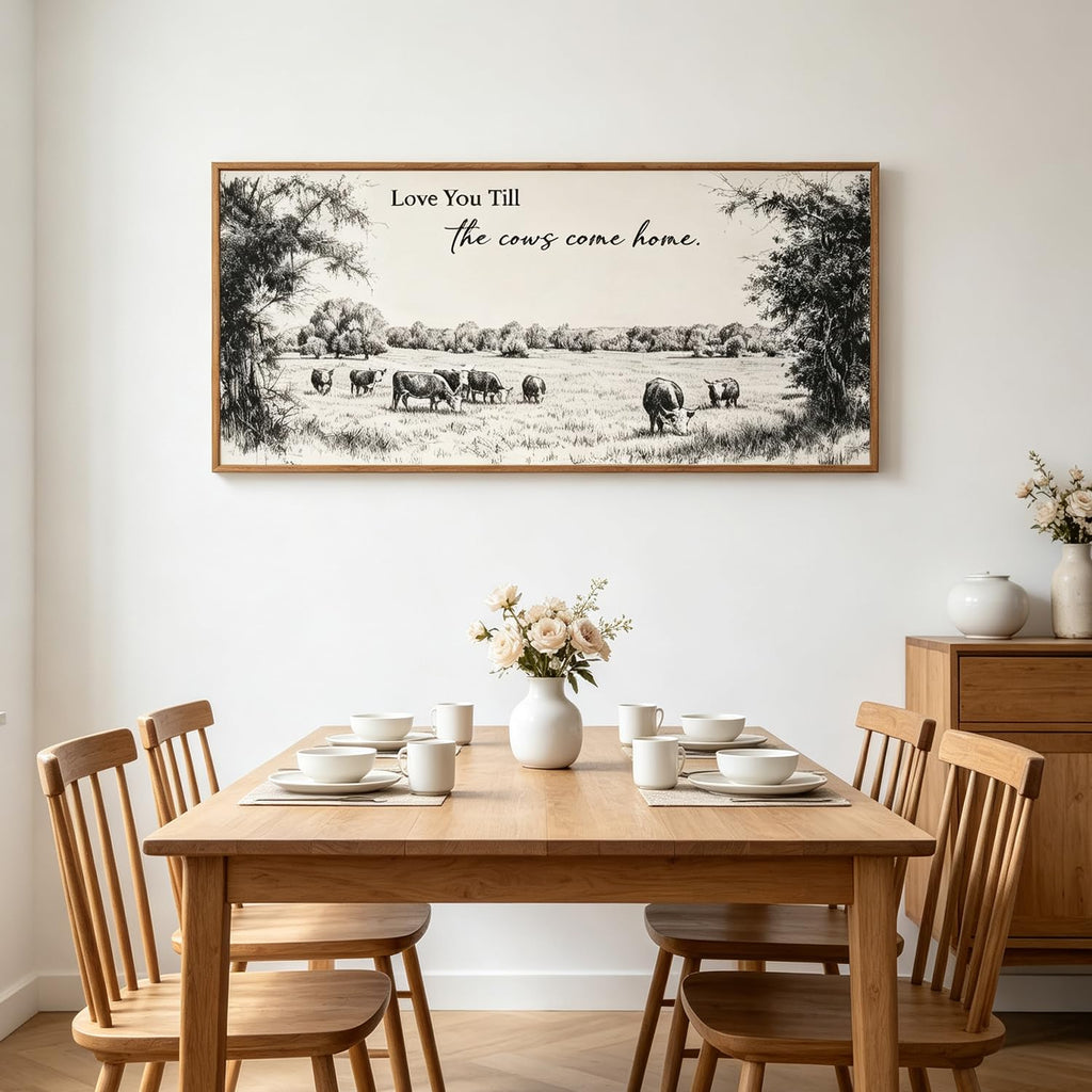 Large Framed Vintage Cow Sketch Farm Canvas Wall Art, Love U Till the Cows Come Home Quote Wall Decor for Farmhouse