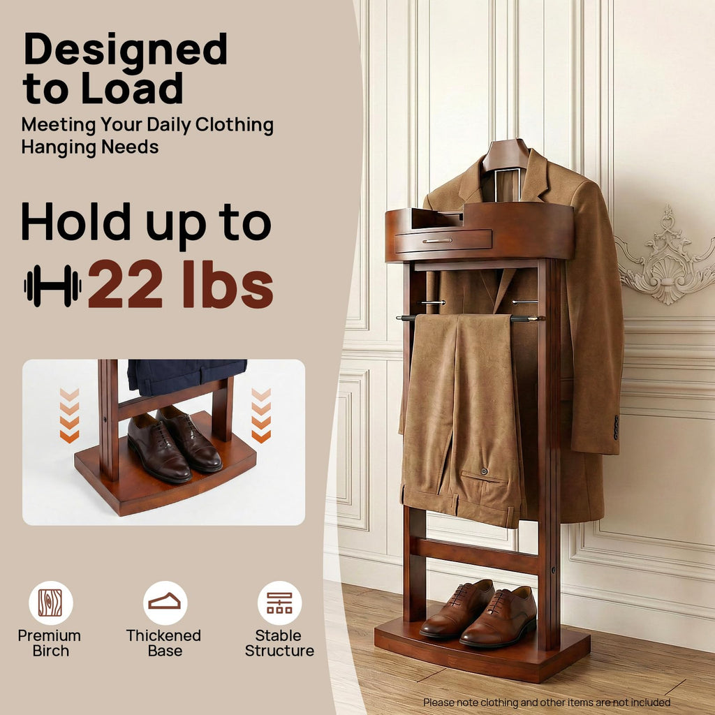 Suit Valet Stand for Men, Wood Suit Rack with Multi-Compartment Tray, Drawer, Wide Base and Two Tie Holders