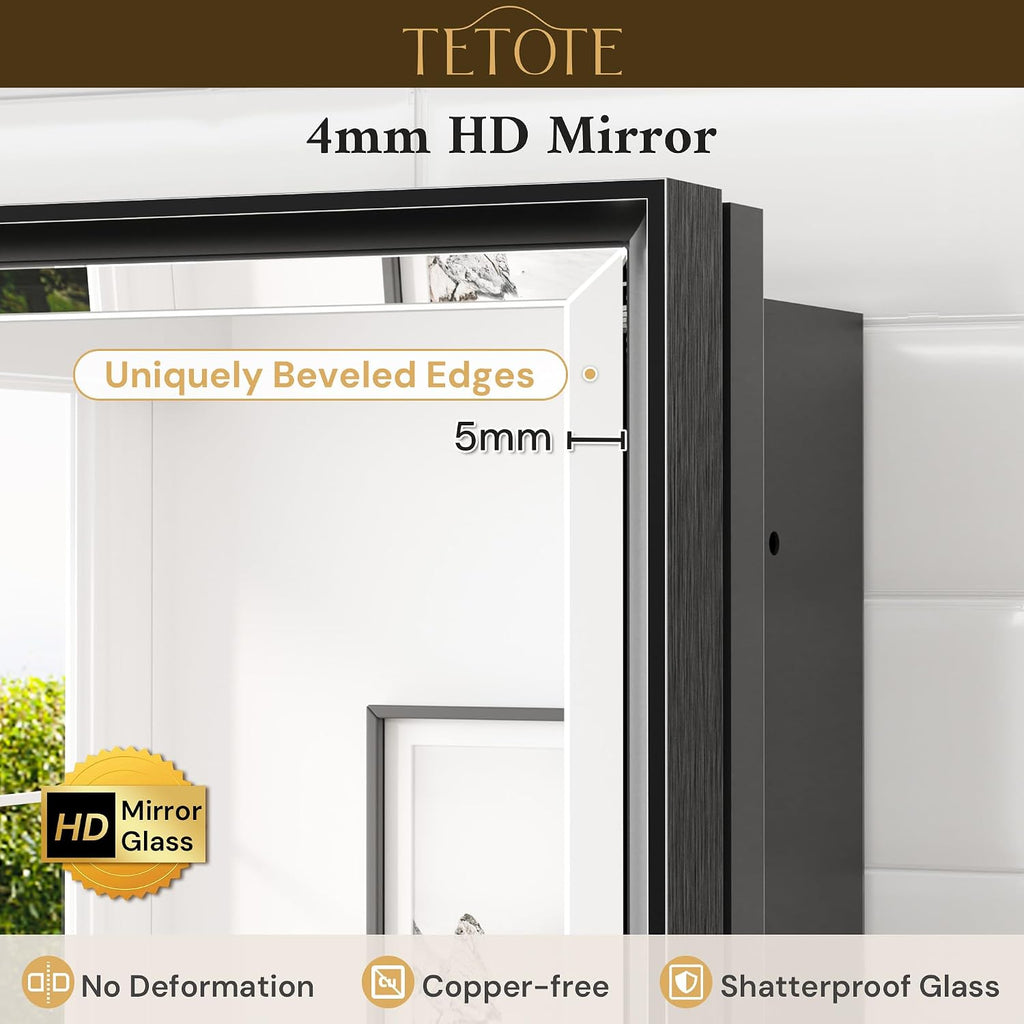Medicine Cabinet Mirror 16" x 24" Black Aluminum Frame Medicine Cabinet with Beveled Mirror, Stepless Adjustable