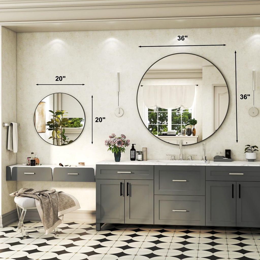 36 Inch Round Bathroom Mirror - Black Wall Mounted Circle Mirror with Metal Frame, Modern Round Hanging Mirror