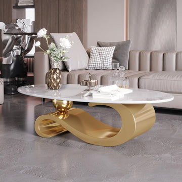 52" Oval Marble Coffee Table, Modern Luxury Center Table with Gold Stainless Steel Base, Scratch-Resistant Modern