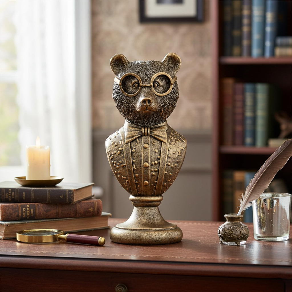 Retro Gold Resin Bear Bust Sculpture Dressed with Suit and Glasses, Vintage Animal Figurine Decor for Desk Living
