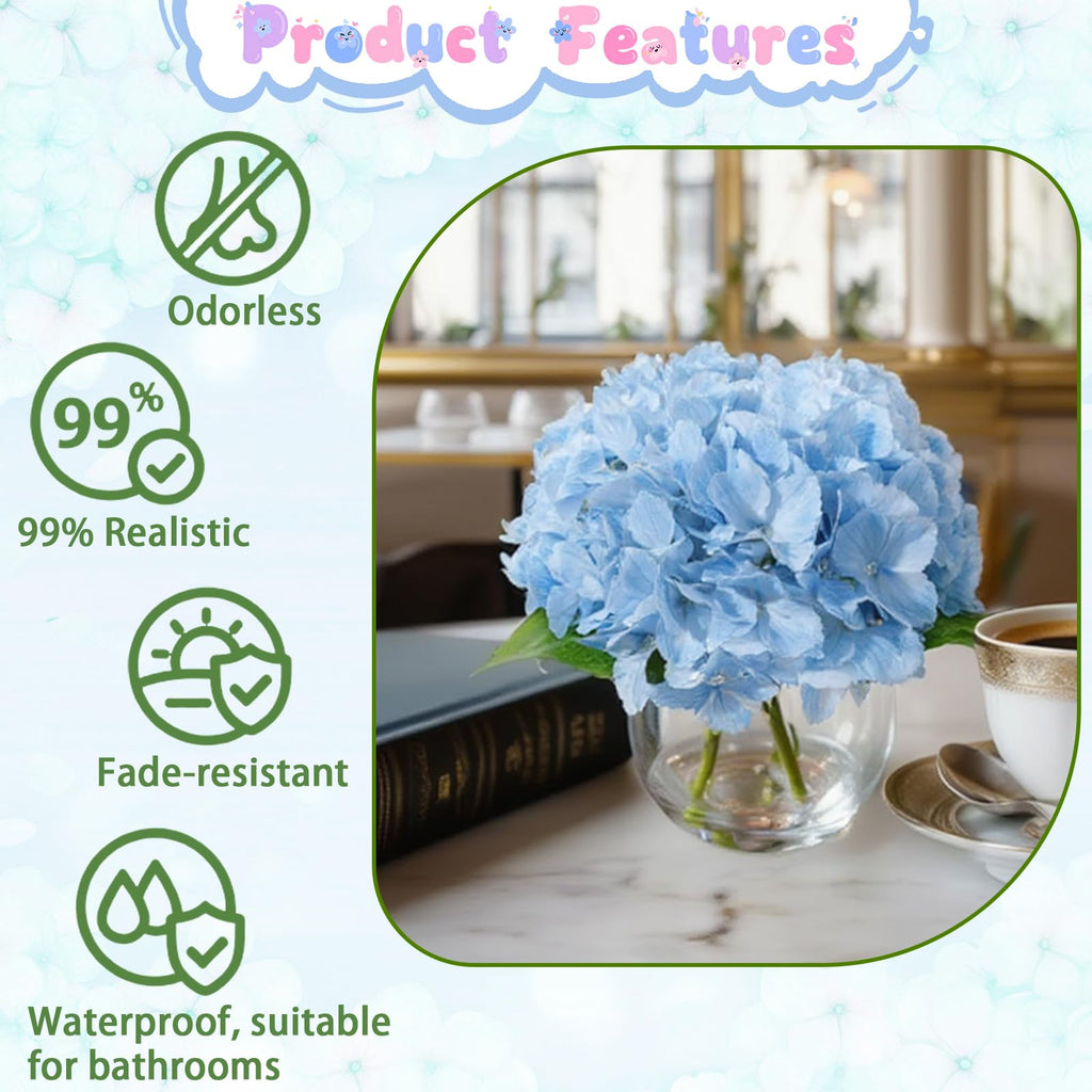 Blue Artificial in Glass Vase with Faux Water, 3 Stems Lifelike Fake Floral Arrangement, UV-Resistant Odorless