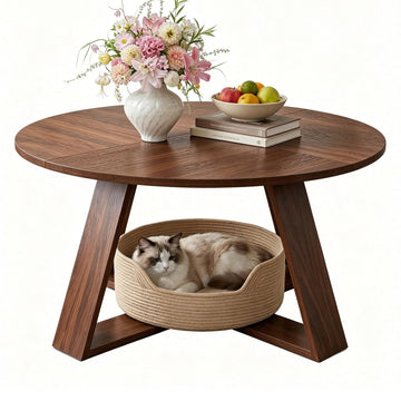 Round Coffee Table with Open Storage -Walnut Wood