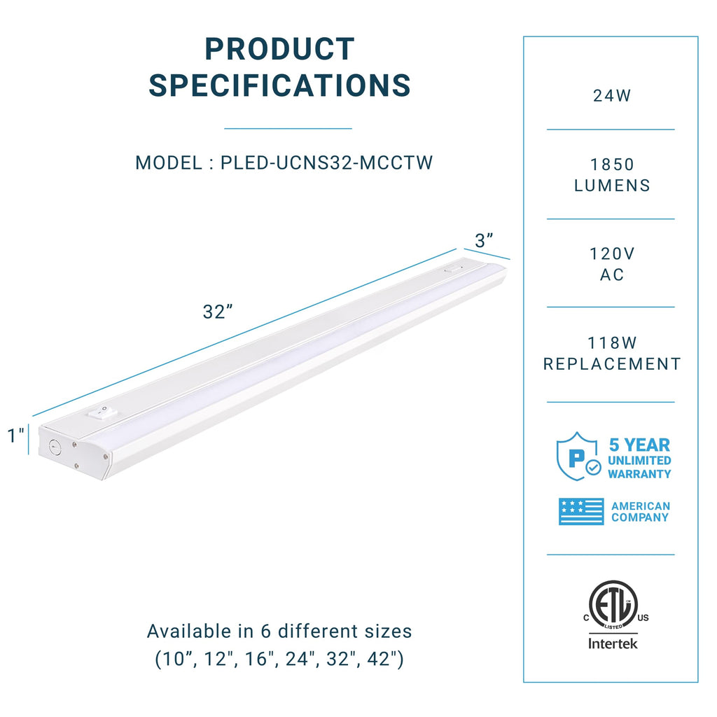 LED Under Cabinet Lighting, Hardwired Installation, 32 Inch, 24W, 5CCT Color Selectable