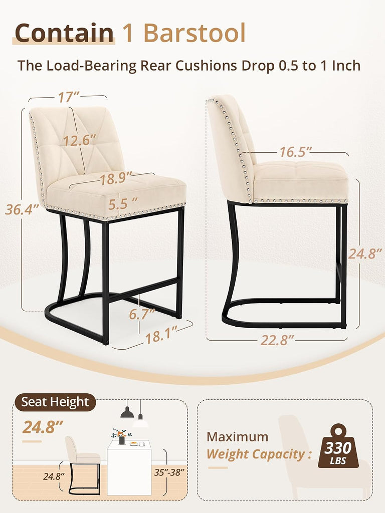 24" Bar Stools Set, Counter Height Bar Stools with 5.5" Thick Cushion, Upholstered Leather Barstools with Metal