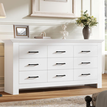9 Drawer, Wood Chests of Drawers with Metal Handle, Triple Wide Dressers, Vintage Design Storage Chest Cabinet and