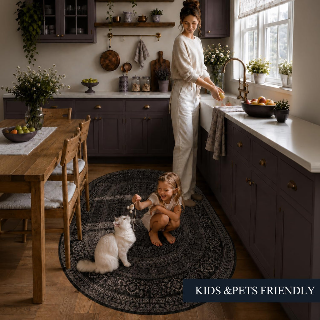 Oval Rug - Washable Ultra-Thin Carpet Black Bronze