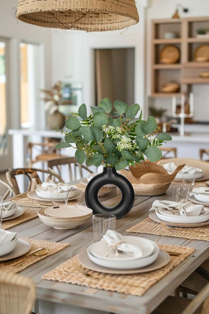 Artificial Eucalyptus Stems in Ceramic Vase 14.23" Fake Eucalyptus Plant Decor Black Donut Vase with Greenery