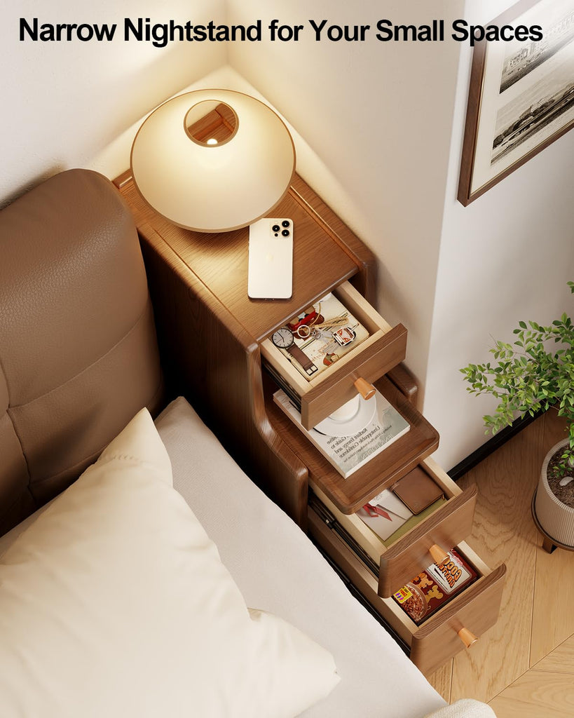 Solid Wood Narrow Nightstand with 3 Drawers, Modern Walnut, Fully Assembled