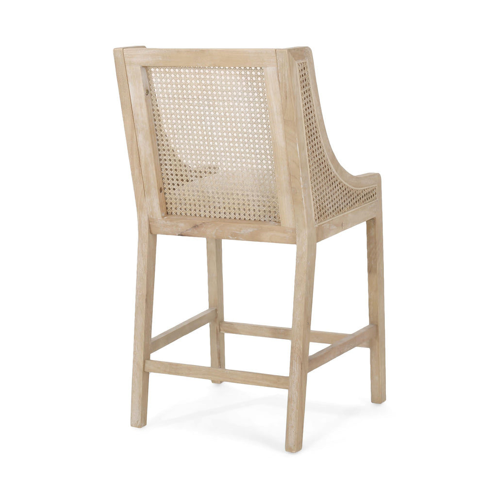 25.5" Fabric Upholstered Wood and Cane Counter Stools with Backrest, Set of 2, French Country Barstools