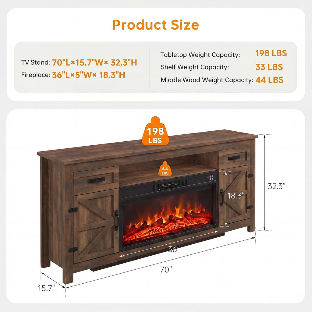 Fireplace TV Stand, 70" Farmhouse TV Stand with Barn Door for 80" TVs, Entertainment Center with Black Fireplace &