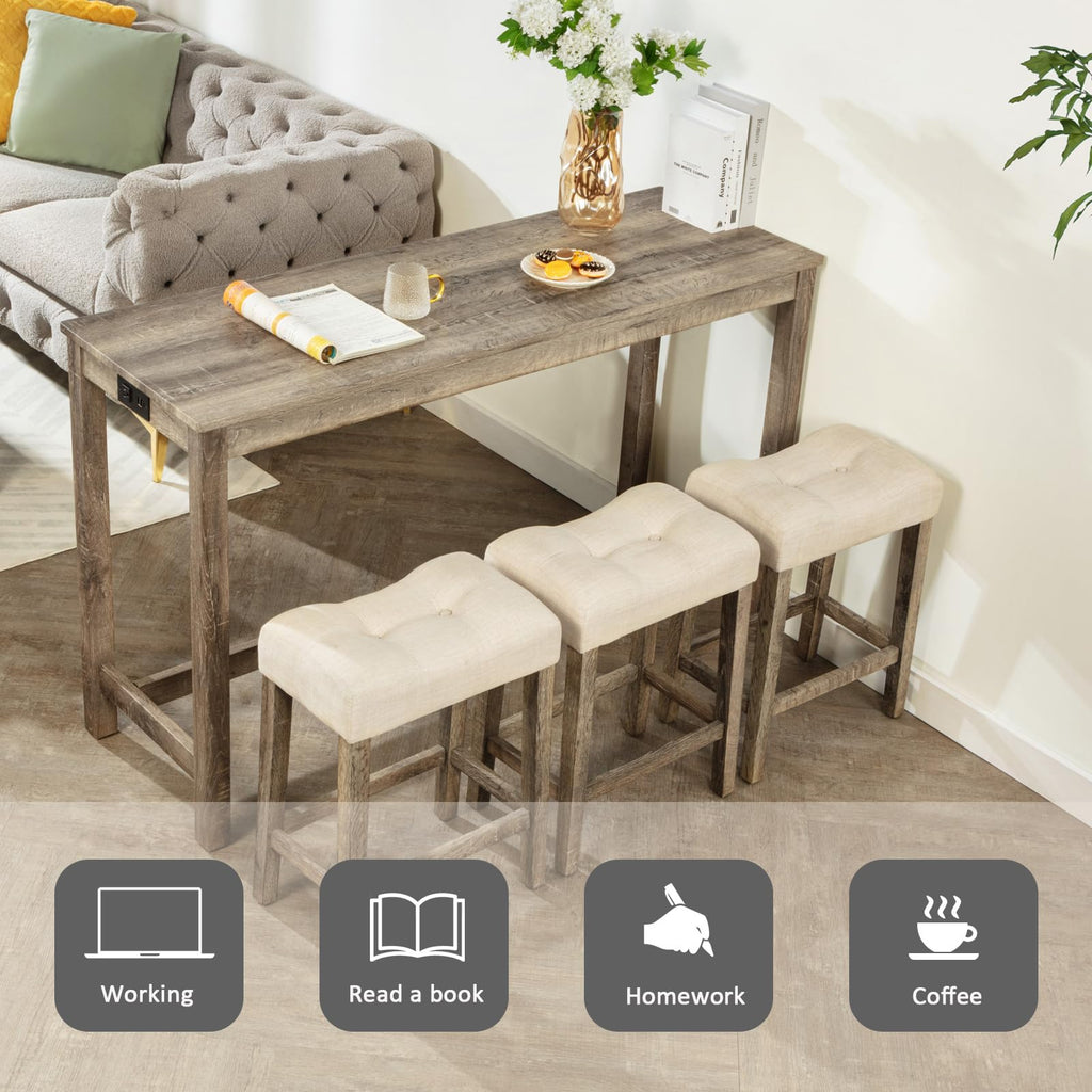4 Piece Bar Table Set with Power Outlet, Behind Sofa Couch Table with 3 Linen Fabric Padded Saddle Seat Stools