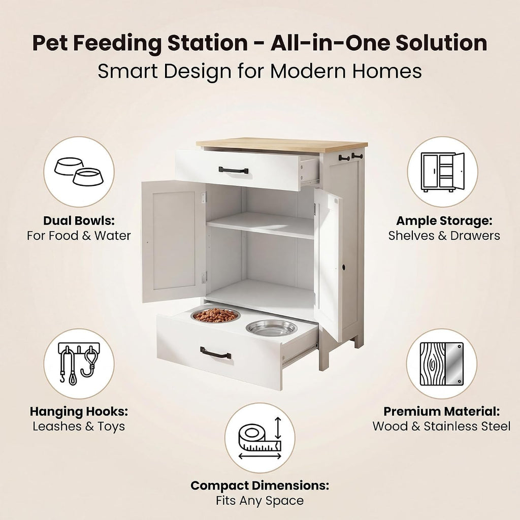 Elevated Stainless Dog Bowls, Feeding Station for Food Storage White Wood