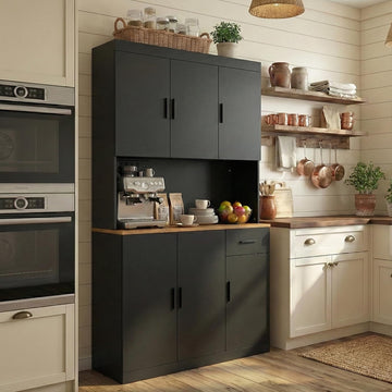 71 Inch Black Pantry Cabinet with Power Outlet, Heavy-Duty Freestanding Kitchen Storage Organizer with Reinforced