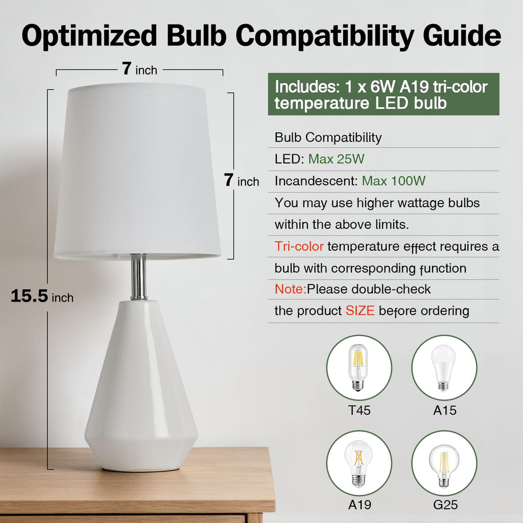 15.5" Small Table Lamp Set of 2, 3 ColorTemperatures