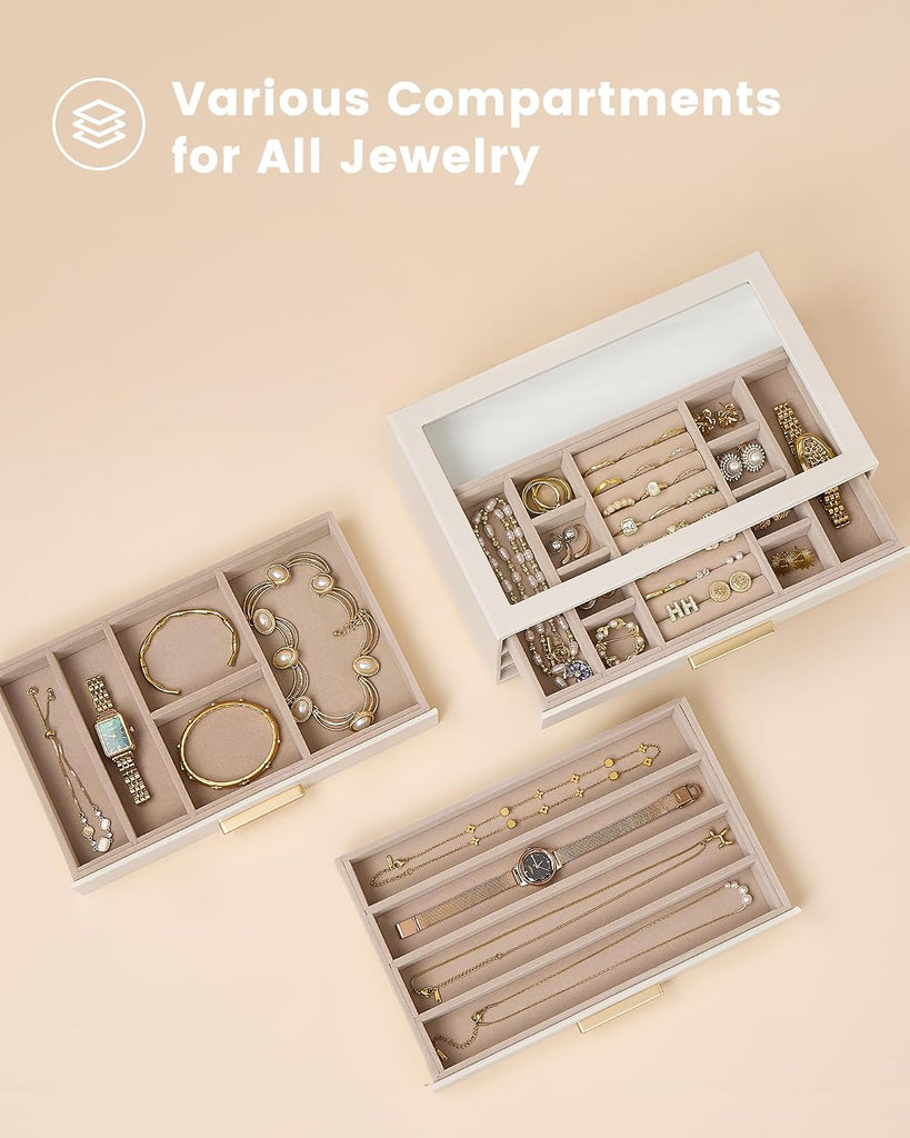 Jewelry Box Organizer, 3-Layer Jewelry Storage Case -Beige