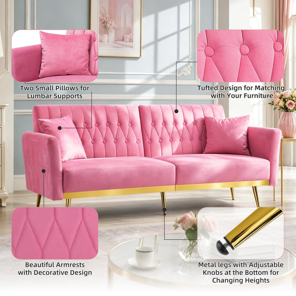 70" Futon Sofa Bed w/Adjustable Armrests, Pink