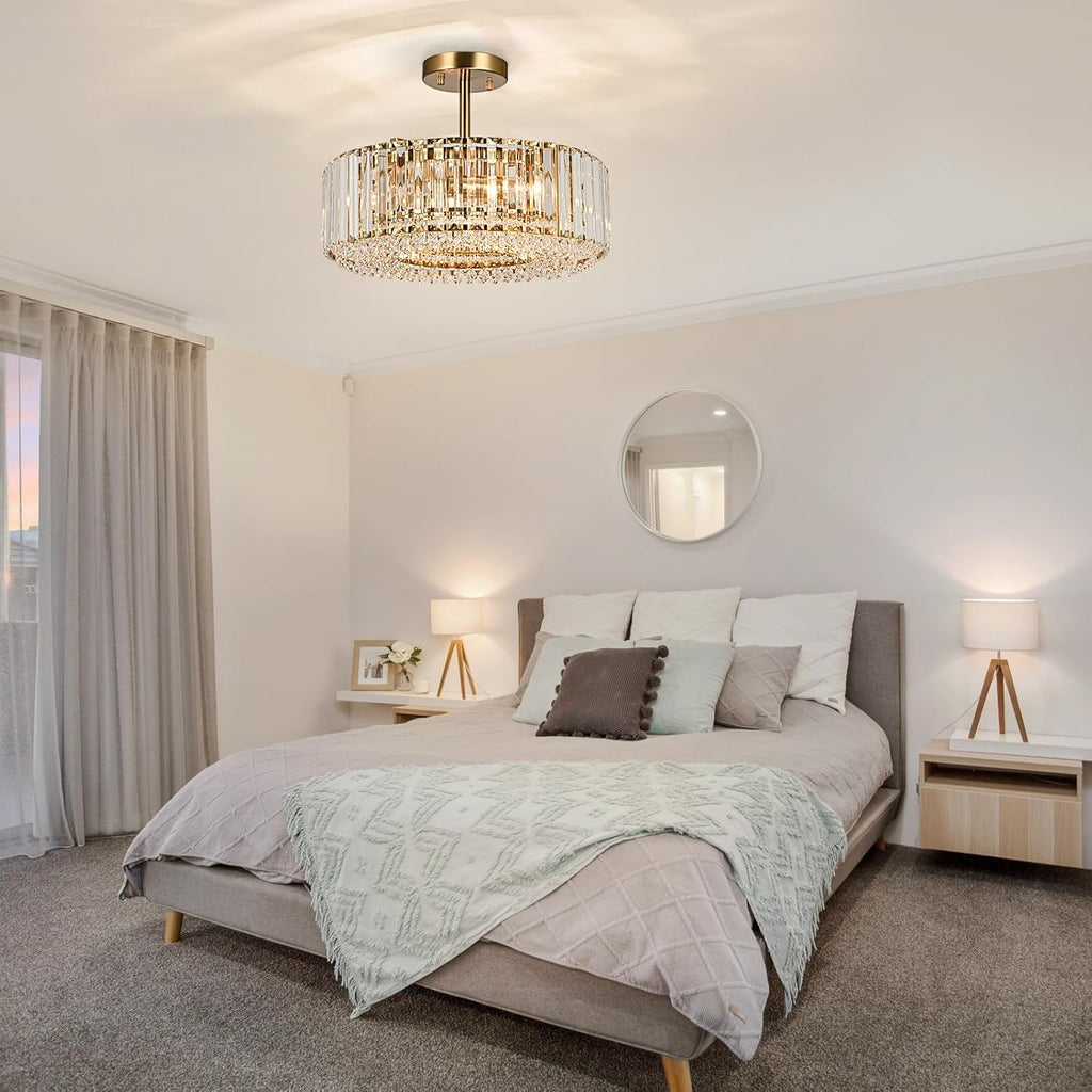 15.8" Modern Crystal Chandelier Gold Round Semi Flush Mount Ceiling Light Fixture Chandelier for Living Room Dining