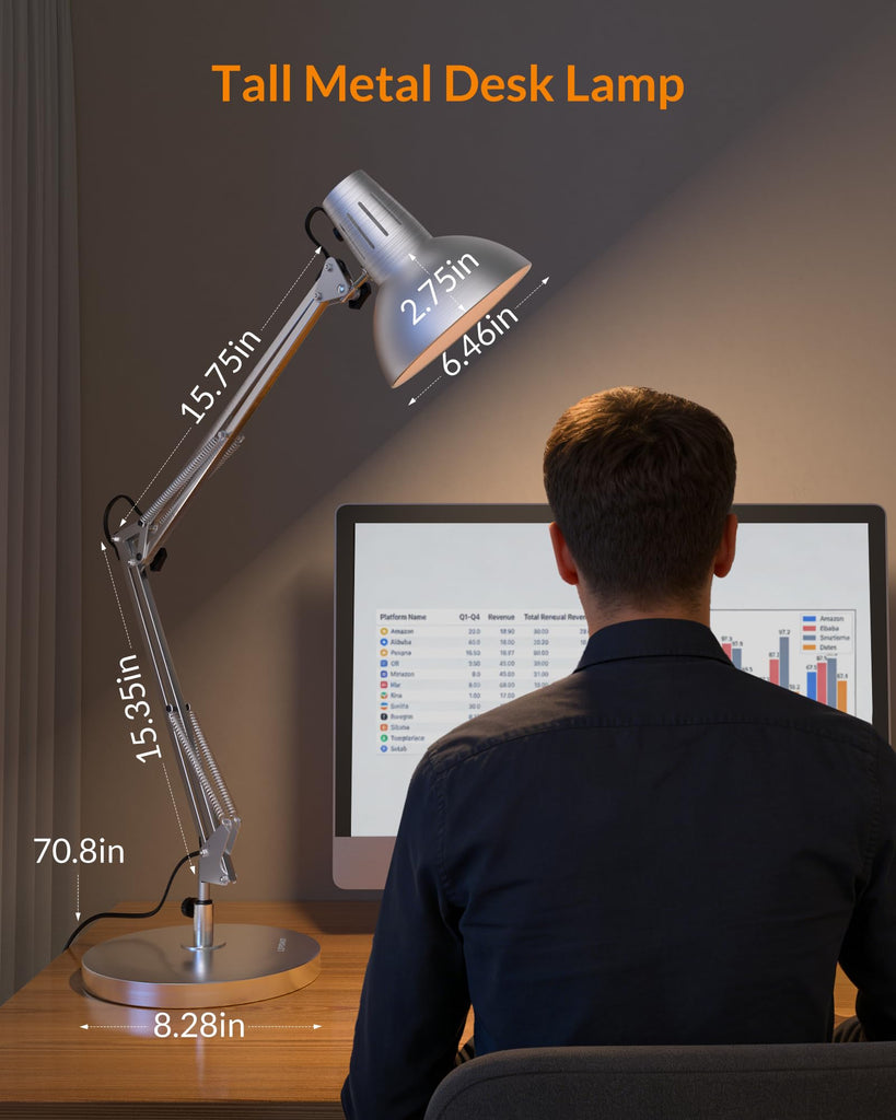 Metal Adjustable Desk Lamp with Clamp, Swing Arm