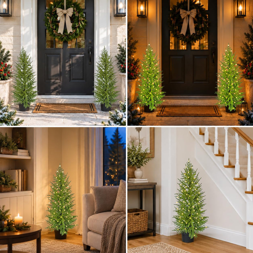 4FT Lighted Artificial Norfolk Pine Christmas Tree for Outdoor Indoor, Real Touch Faux Cedar Tree with Pot, Potted Fake