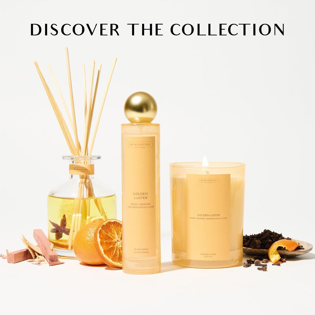 Golden Luster Gift Box | Candle, Room Spray & Reed Diffuser | Orange, Cedarwood & Clove | Luxurious Home Fragrance - Set of 3