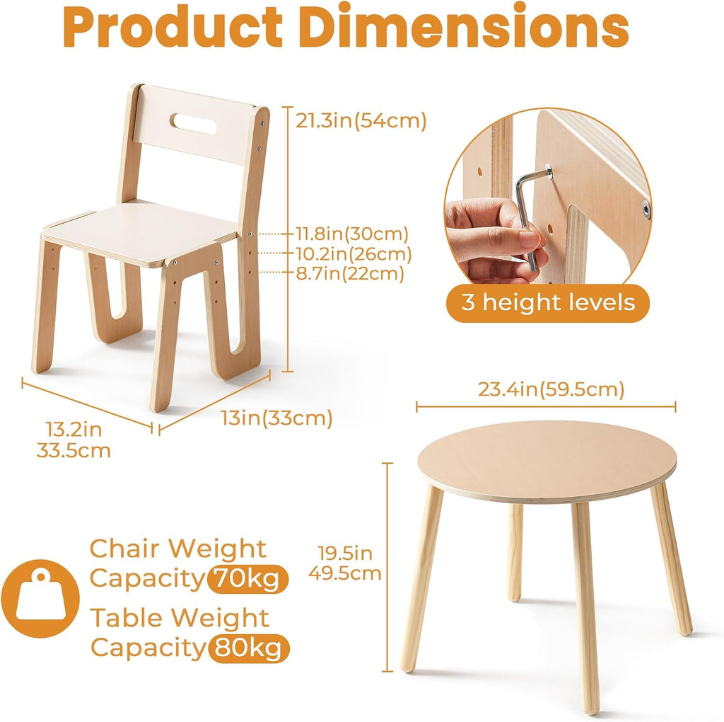 Wooden Kids Table and Chairs, Adjustable Height Toddler Table and Chair Set, Round Kids Desk and Chair Set for Ages