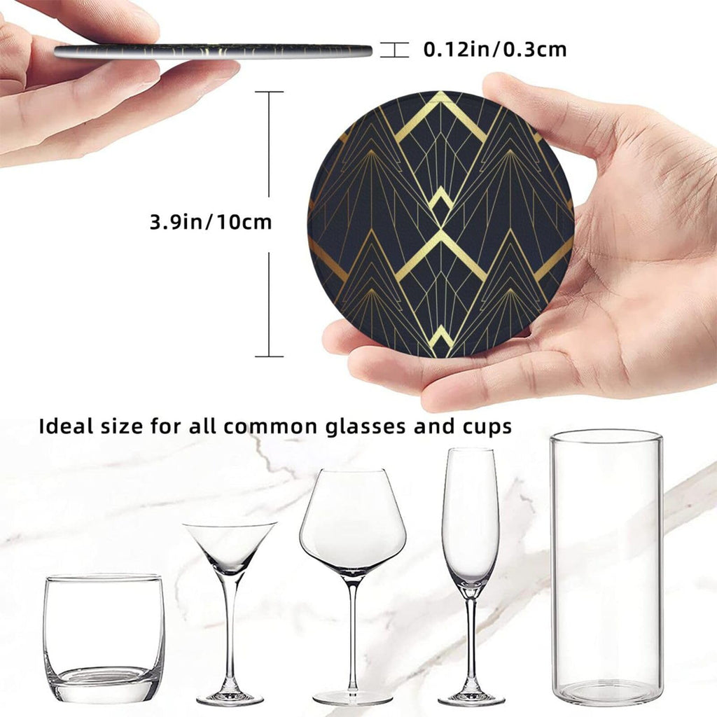 Abstract Art Deco Leather Drinks Coasters with Holder, Set of 6