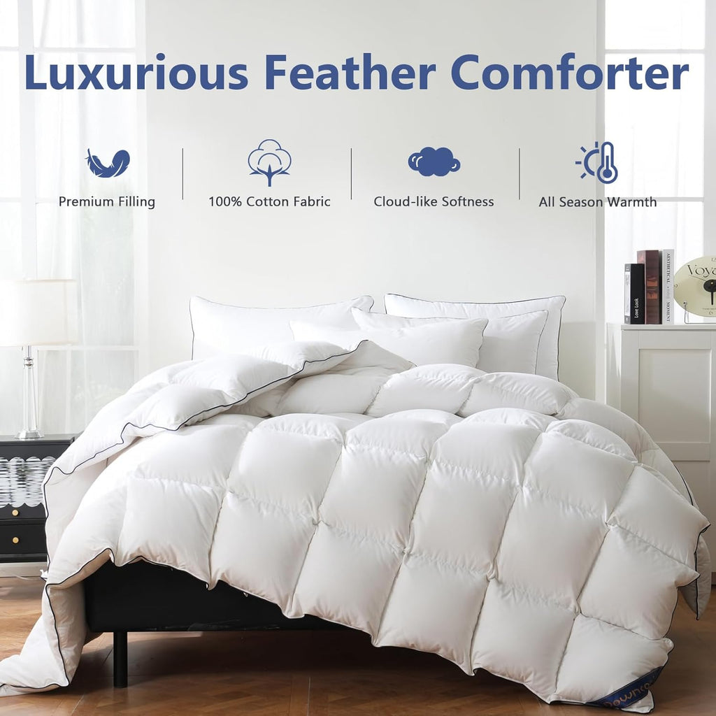 Feather Down Fiber Comforter Queen, 100% Cotton Ultra Soft Fluffy Duvet Insert Queen