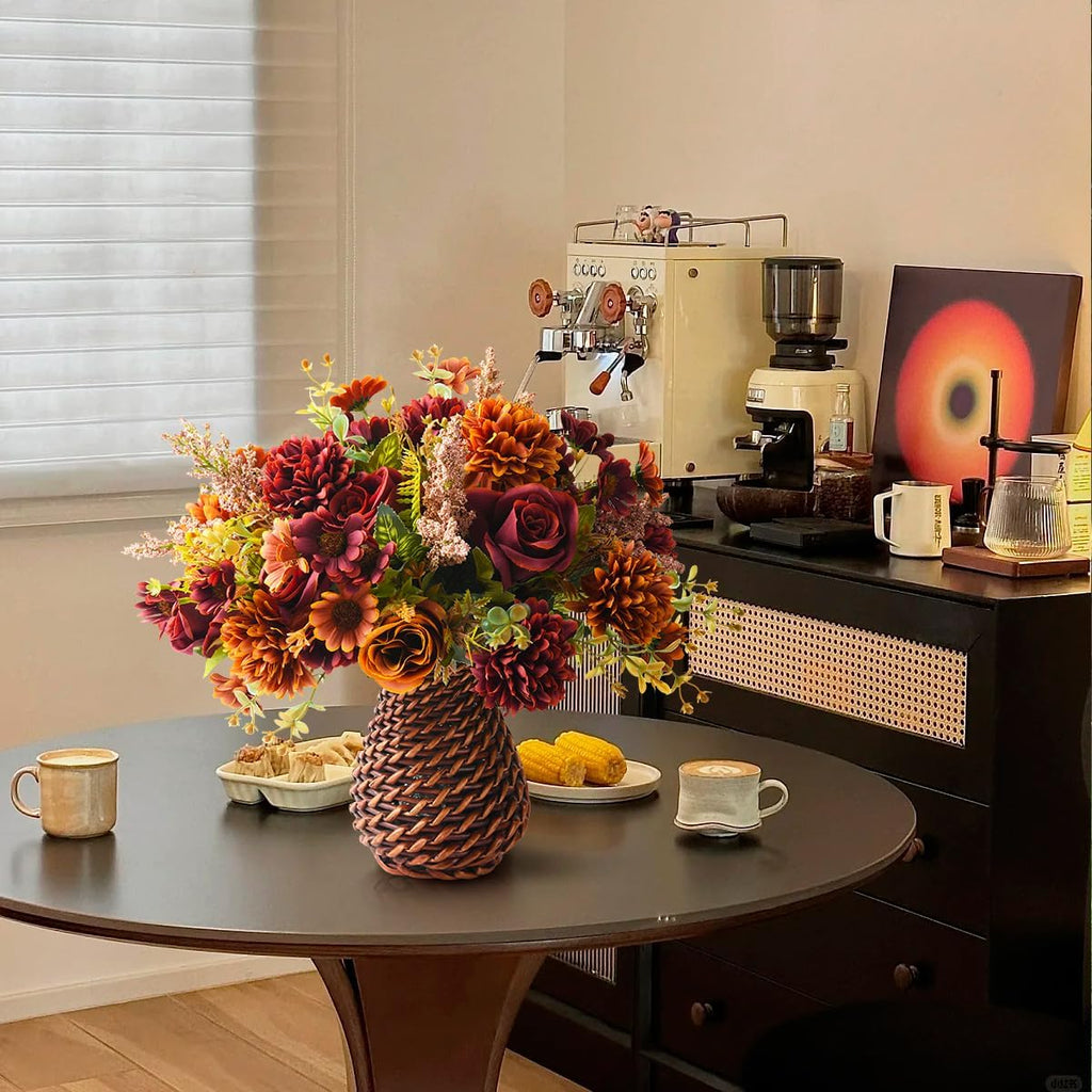 Fall Artificial Faux Flowers in Vase Fake Silk Rose Bouquets Indoor Decor - Set of 4