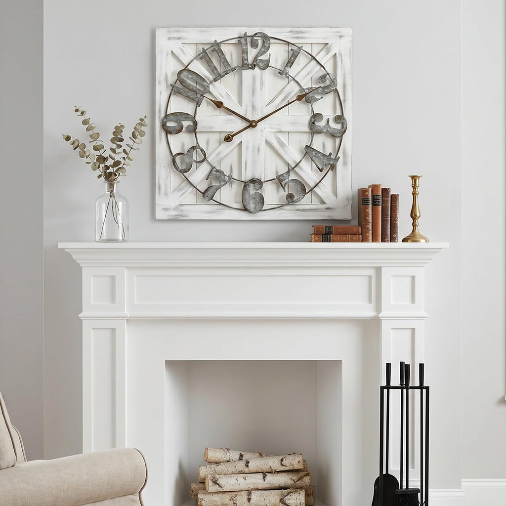 24 Inch Large Farmhouse Wall Clock, Rustic White Distressed Wood Frame with X-Brace Barn Door Backing, Silent