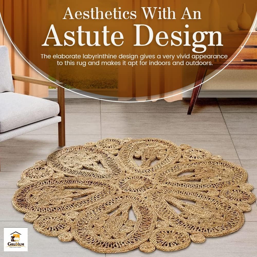 Jute Area Rug 4ft Round Natural Handwoven Rustic Boho Farmhouse Rug | 100% Jute Soft Braided Vintage Beige Reversible