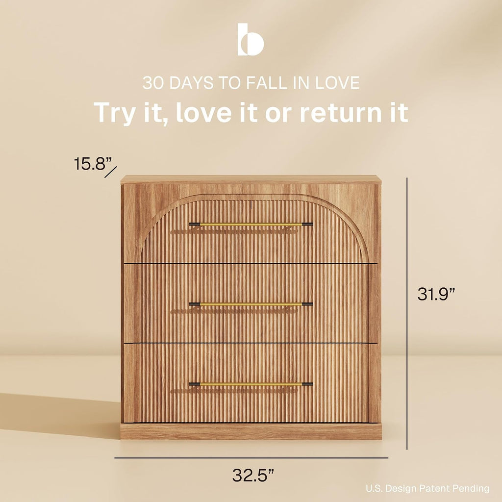 32.5" Kitchen Storage Cabinet with 3 Drawers,Freestanding Accent Cabinet with Fluted Arched Design & Gold