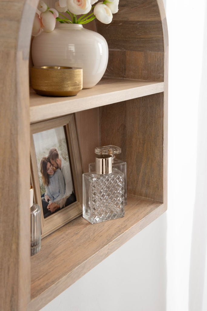 Arcott Modern Mango Wood Arched Wall Shelf, 16 x 20, Light Natural, Transitional Wooden Arch Wall Shelves for