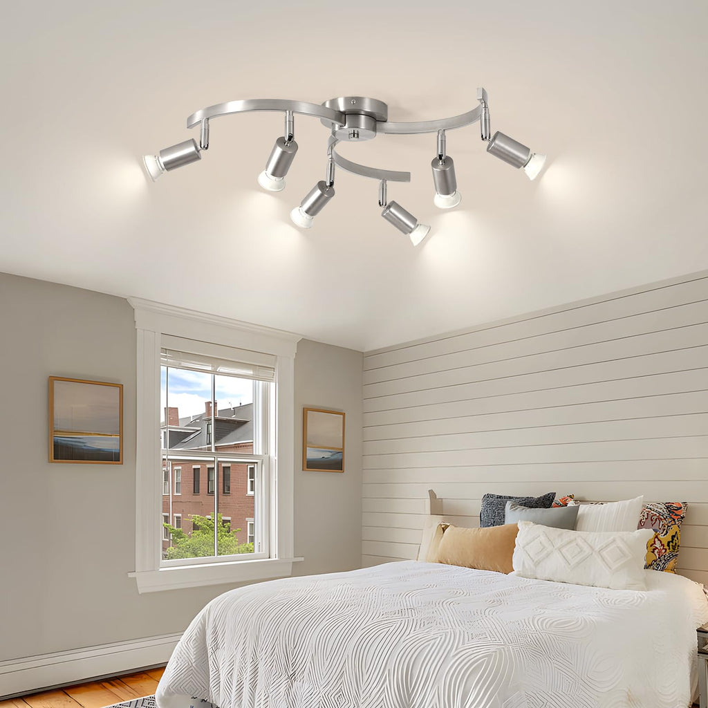 6 Light Track Lighting Fixtures Ceiling, Flexibly Rotatable Light Heads, Nickel Semi Flush Mount Ceiling Light Dining