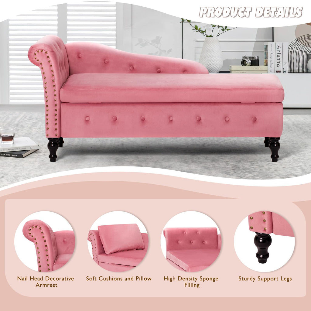 Velvet Chaise Lounge w/Left Armrest & Storage Space, Pink