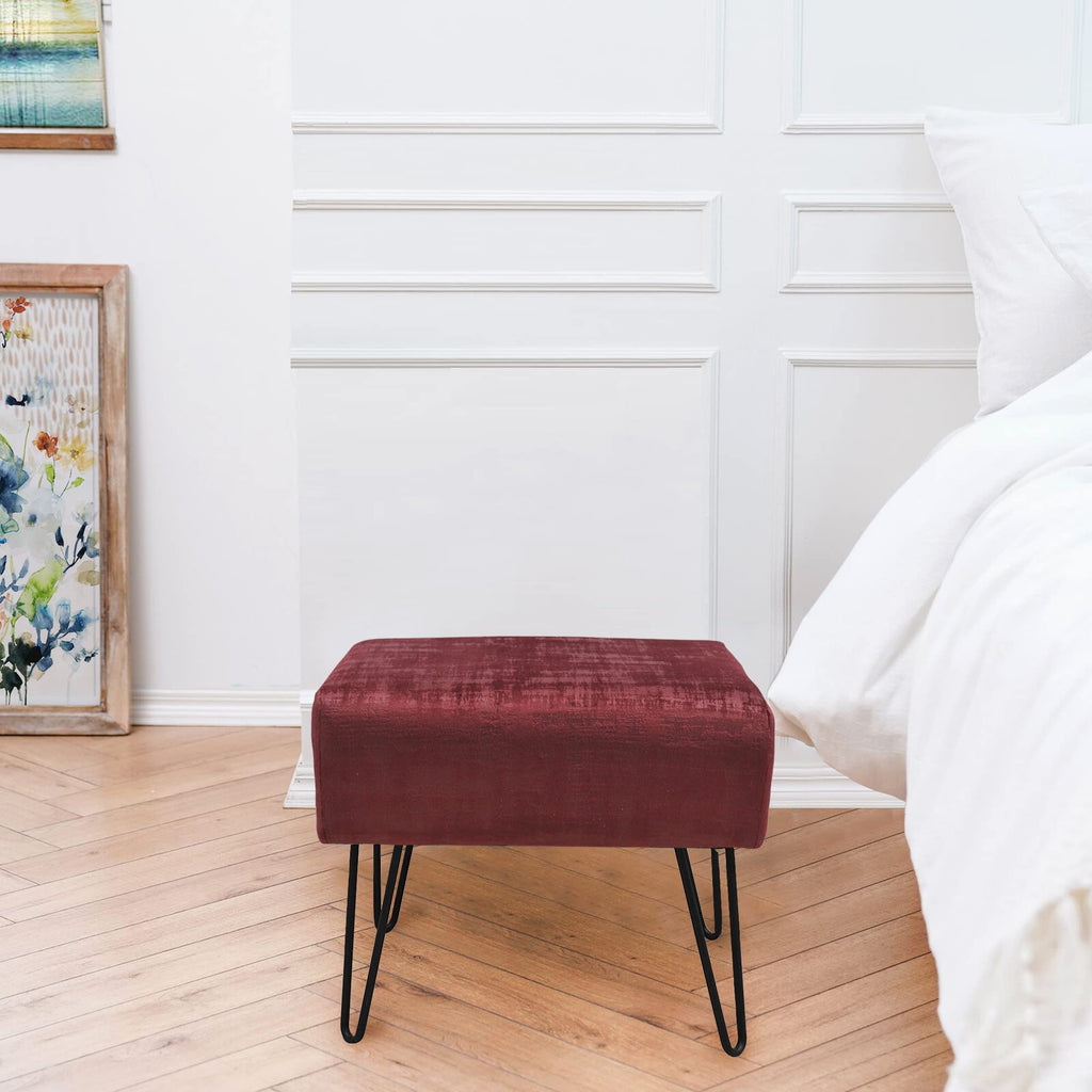 Burgundy Velvet Tufted Ottoman 19.5"x12.5"x17"H Entryway Bench Furry Makeup Stool Wine Red Foot Rest Stool Bedroom