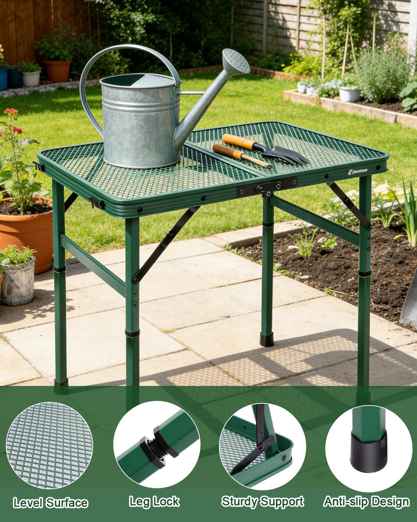 Small 2ft Folding Table with Carry Handle, Adjustable Height 10.6" or 22", Green Metal Mesh, Portable & Compact