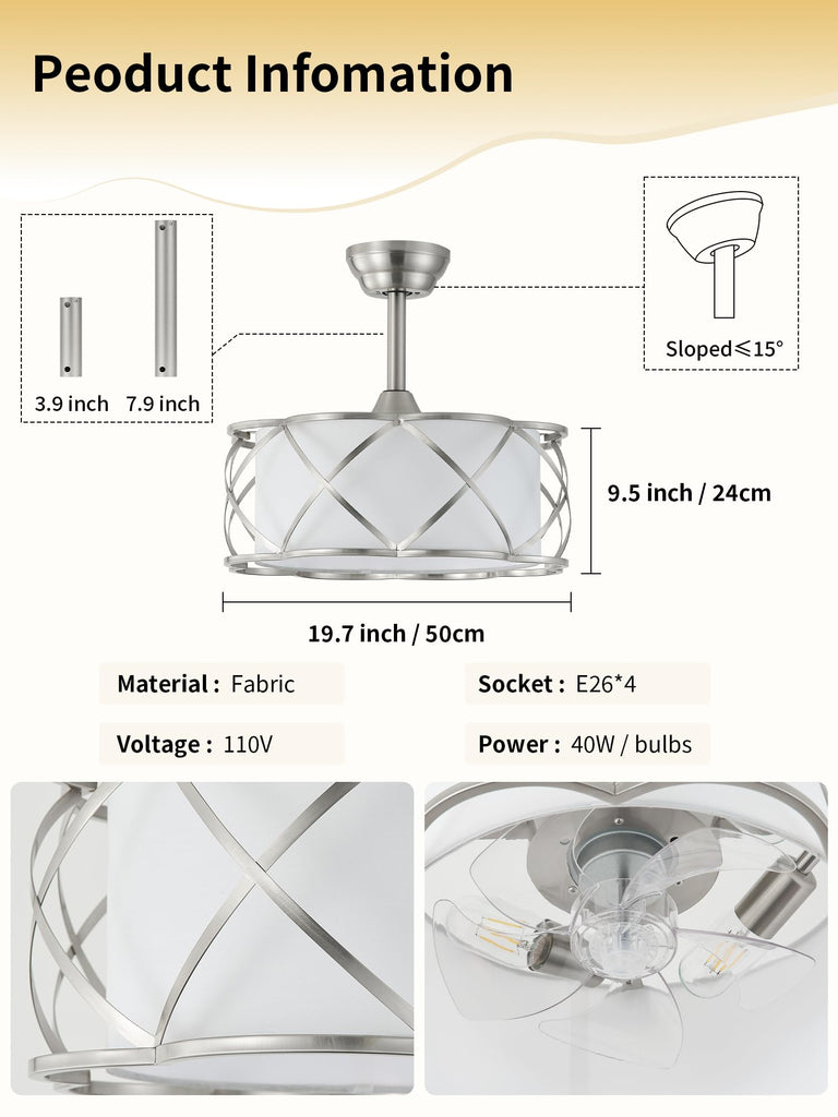 20" Fandelier Ceiling Fans with Lights, Caged Bladeless Ceiling Fan with Light Remote Control, Mid-Century Modern