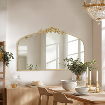Vintage Gold Arched Mirror 48"X30", Large Victorian Antique Baroque Mantel Wall Mirror with Ornate Metal Frame