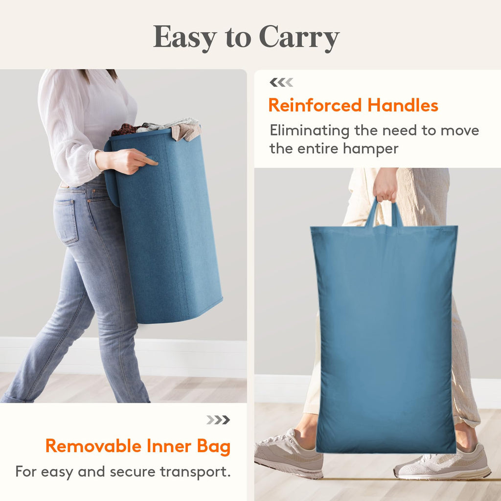 Slim Laundry Basket with Lid and Removable Bag, 65L, Dark Blue