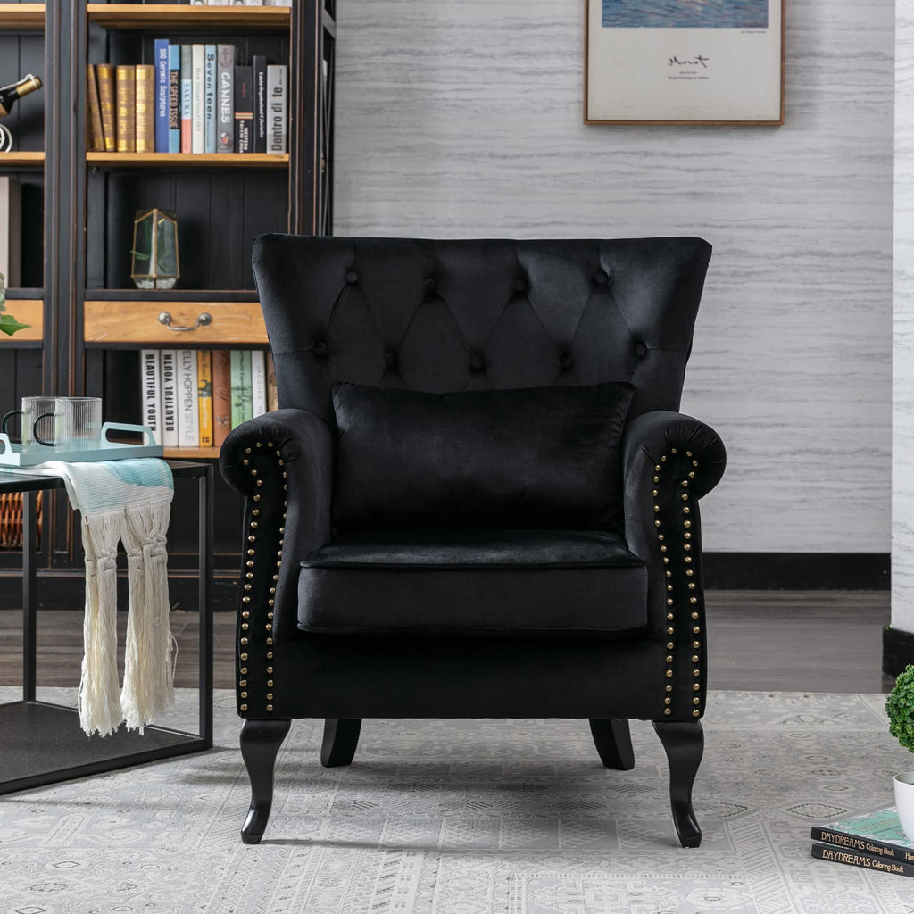 Mid-Century Modern Accent Chairs Set of 2, Comfy Tufted Single Sofa Chair Wingback Armchair with Pillow for Club