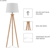 Tripod Floor Lamp - Mid-Century Modern Décor Light with LED Bulb and Natural Oak Wood Base