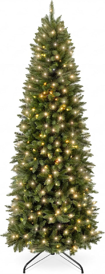 Artificial Pencil Christmas Tree with LED Twinkling Lights, Pre-Lit Spruce Realistic Holiday Xmas Décor, 250