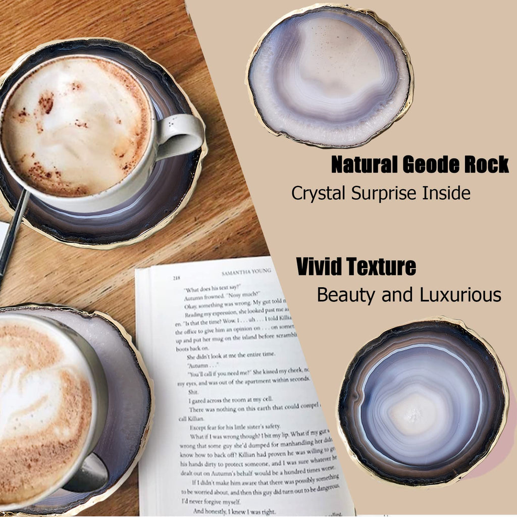 Gray Agate Coasters for Drinks - Geode Set of 4, Gemstone Crystal Natural Stone Slices for Coffee Table, Home Decor