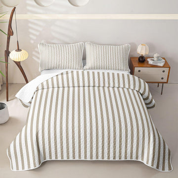 Striped Quilted Coverlet, Ticking Stripes Quilt Bedding Set, Geometric Abstract Farmhouse Bed Covers for All