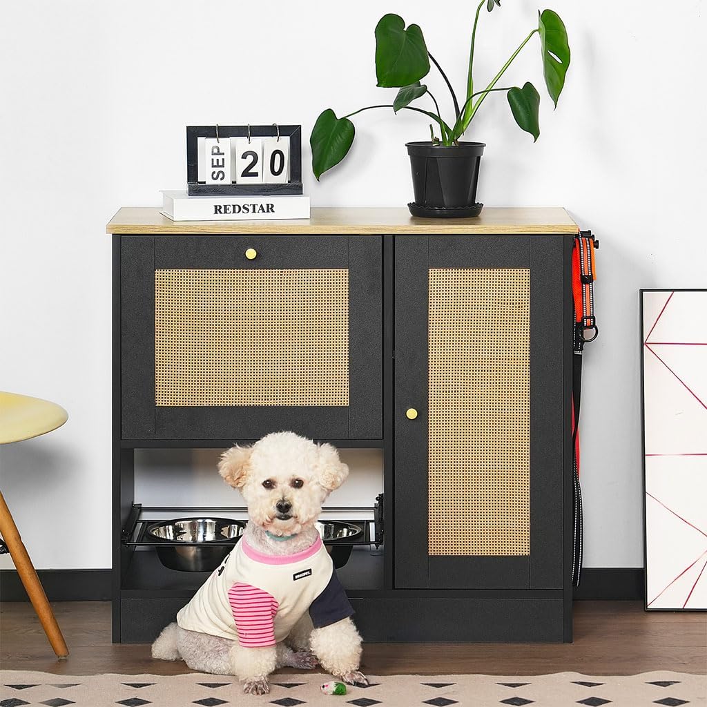 Pet Feeder Station Storage Cabinet, Hidden Pet Feeder Station with 2 Elevated Dog Bowls and Side Hooks, Cat Feeding