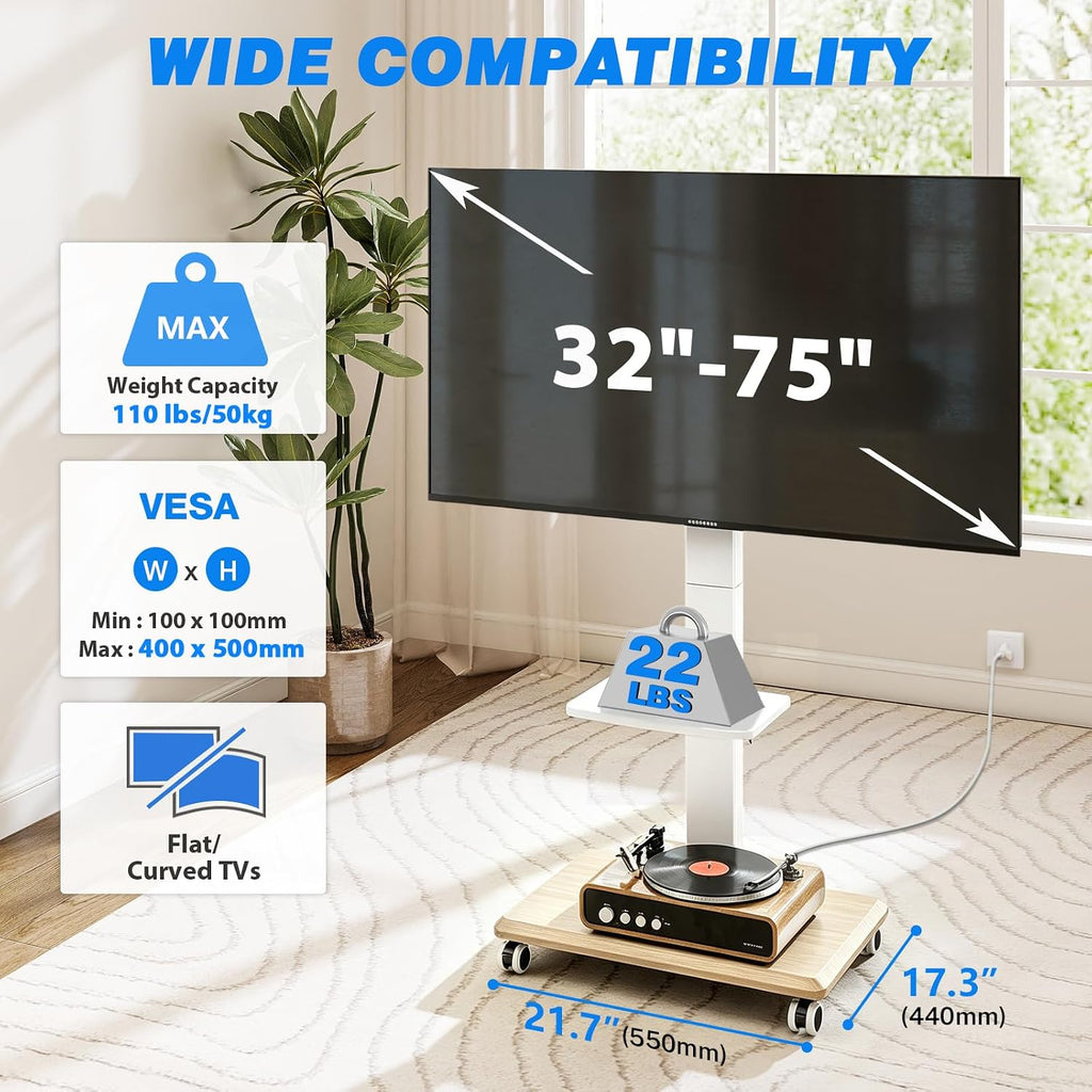Mobile TV Stand 32-75 Inch with Power Outlet and Shelf, Rolling TV Stand Holds up to 110 lbs, Portable TV Stand on