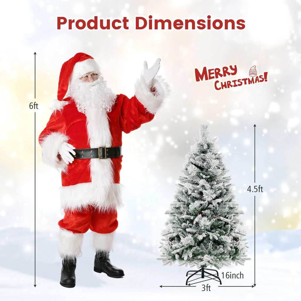 4.5ft Pre-Lit Snow Flocked Christmas Tree, Artificial Hinged Xmas Tree with 160 Multi-Color LED Lights, 8 Lighting